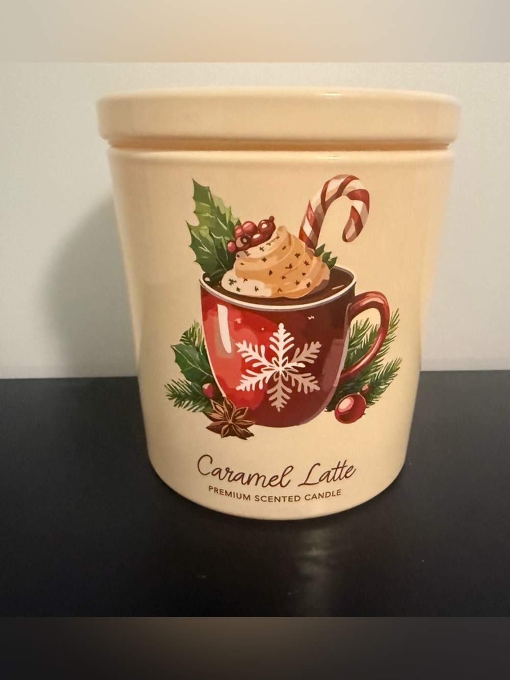 Candle 2 Wick “Caramel Latte” Scented  - Cream with Red Mug Graphic